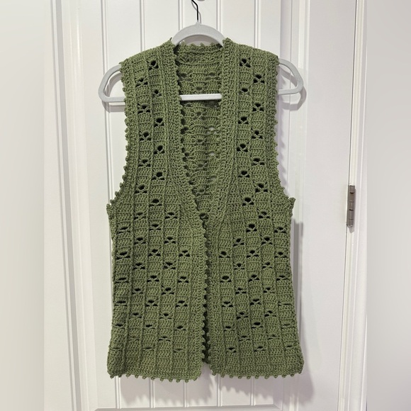 Olive Hand Knit + Crochet Vest - Picture 1 of 4